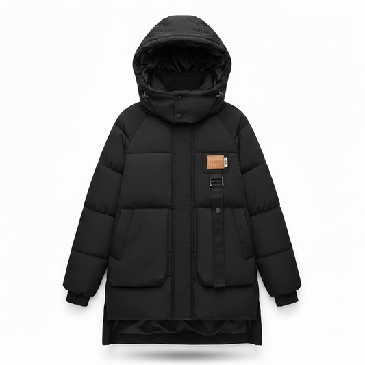 Gewatteerde jas met capuchon en stofpatchdetails voor dames